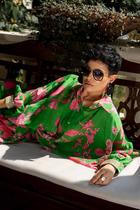 Buy_Paulmi And Harsh_Green Collared Floral Printed Kimono Sleeve Shirt And Pant Set 