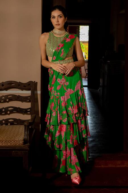 Paulmi And Harsh_Green Georgette, Crepe Sequins, Full Bloom Floral Print Pre-draped Saree Set _Online_at_Aza_Fashions
