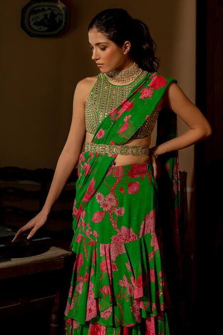 Shop_Paulmi And Harsh_Green Georgette, Crepe Sequins, Full Bloom Floral Print Pre-draped Saree Set _Online_at_Aza_Fashions