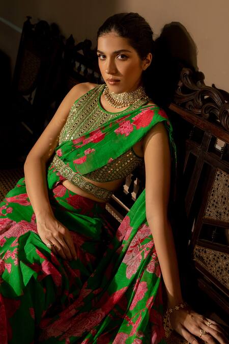 Paulmi And Harsh_Green Georgette, Crepe Sequins, Full Bloom Floral Print Pre-draped Saree Set _at_Aza_Fashions