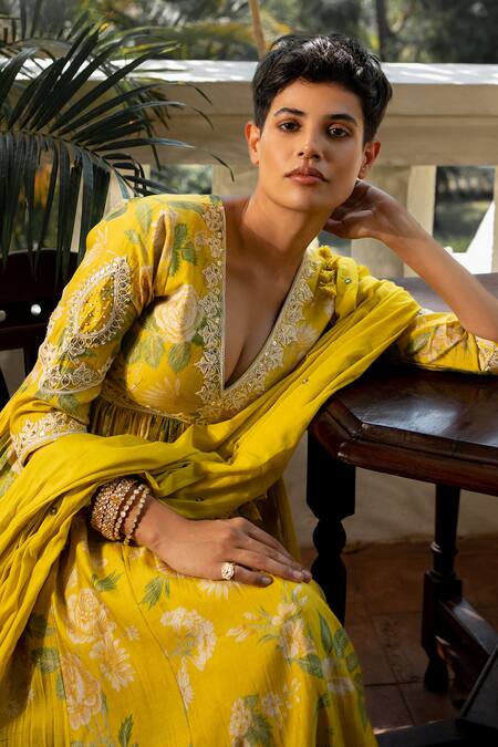 Paulmi And Harsh Yellow Chanderi Silk, Cotton Cut Work, Garden Of Bloom Pattern Anarkali Set at Aza Fashions Paulmi And Harsh_Yellow Chanderi Silk, Cotton Cut Work, Garden Of Bloom Pattern Anarkali Set _at_Aza_Fashions