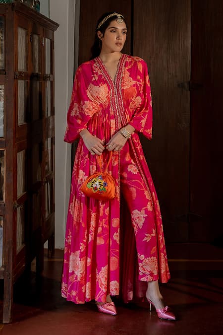 Shop_Paulmi And Harsh_Pink Cotton, Silk Sequins, Flourishing Floral Jaal Print Kaftan And Pant Set _Online_at_Aza_Fashions