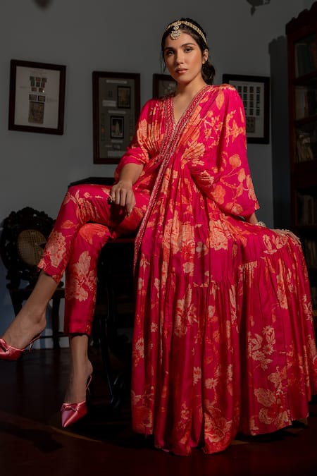 Paulmi And Harsh_Pink Cotton, Silk Sequins, Flourishing Floral Jaal Print Kaftan And Pant Set _at_Aza_Fashions