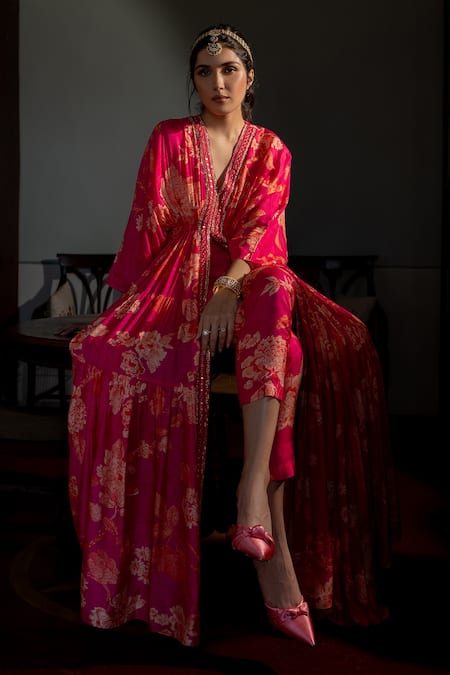 Shop_Paulmi And Harsh_Pink Cotton, Silk Sequins, Flourishing Floral Jaal Print Kaftan And Pant Set 