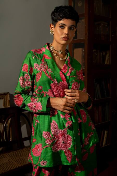 Buy Paulmi And Harsh Green Cotton, Silk Sequins, Zari Full Blooming Print Blazer And Pant Set Online at Aza Fashions Buy_Paulmi And Harsh_Green Cotton, Silk Sequins, Zari Full Blooming Print Blazer And Pant Set _Online_at_Aza_Fashions