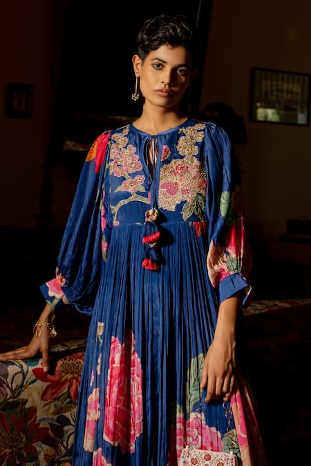 Paulmi And Harsh_Blue Crepe Sequins, Mirrors Round Neck Blooming Floral Pattern Dress _Online_at_Aza_Fashions