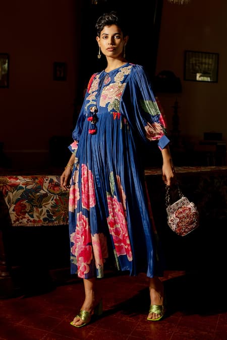 Buy_Paulmi And Harsh_Blue Crepe Sequins, Mirrors Round Neck Blooming Floral Pattern Dress _Online_at_Aza_Fashions