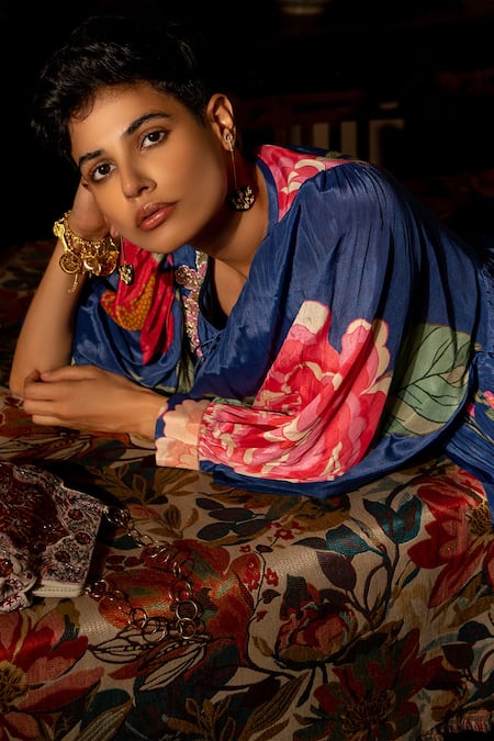 Paulmi And Harsh_Blue Crepe Sequins, Mirrors Round Neck Blooming Floral Pattern Dress _at_Aza_Fashions