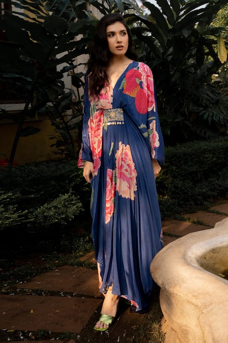 Shop_Paulmi And Harsh_Blue Crepe Sequins, Cut Work V-neck Blooming Floral Pattern Kaftan _Online_at_Aza_Fashions