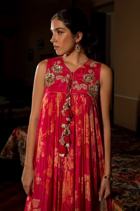 Paulmi And Harsh_Pink Crepe Sequins, Embroidery V-neck Flourishing Floral Jaal Print Dress _Online_at_Aza_Fashions