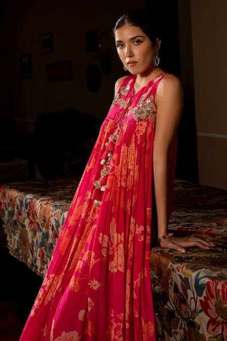 Buy_Paulmi And Harsh_Pink Crepe Sequins, Embroidery V-neck Flourishing Floral Jaal Print Dress _Online_at_Aza_Fashions