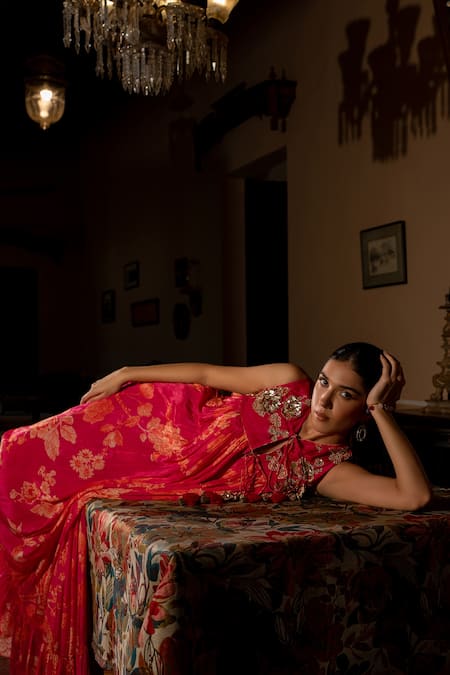 Shop_Paulmi And Harsh_Pink Crepe Sequins, Embroidery V-neck Flourishing Floral Jaal Print Dress _Online_at_Aza_Fashions