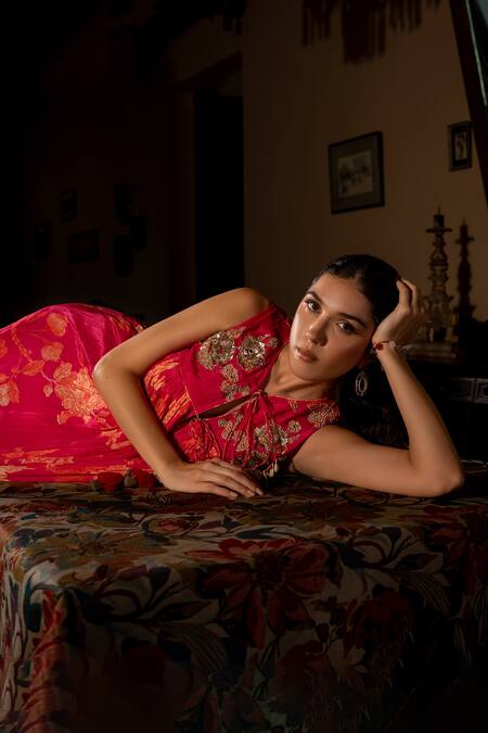 Paulmi And Harsh_Pink Crepe Sequins, Embroidery V-neck Flourishing Floral Jaal Print Dress _at_Aza_Fashions