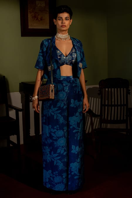 Paulmi And Harsh_Blue Crepe Sequins, Mirrors Plunge Neck Bluebell Floral Print Blazer And Pant Set _Online_at_Aza_Fashions