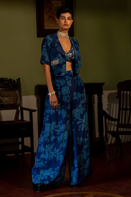Buy_Paulmi And Harsh_Blue Crepe Sequins, Mirrors Plunge Neck Bluebell Floral Print Blazer And Pant Set _Online_at_Aza_Fashions