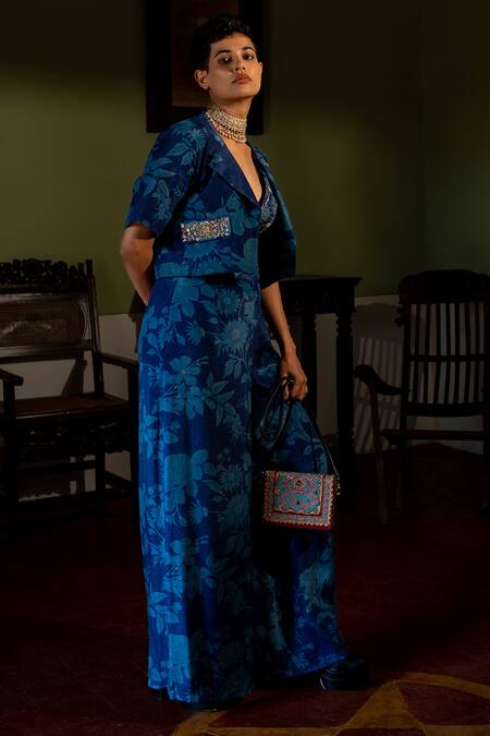 Buy_Paulmi And Harsh_Blue Crepe Sequins, Mirrors Plunge Neck Bluebell Floral Print Blazer And Pant Set 