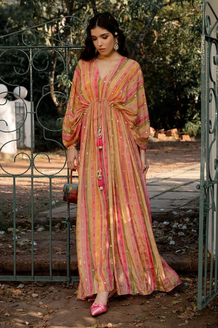 Paulmi And Harsh_Multi Color Crepe Embroidery V-neck Vintage Striped Pattern Kaftan _Online_at_Aza_Fashions