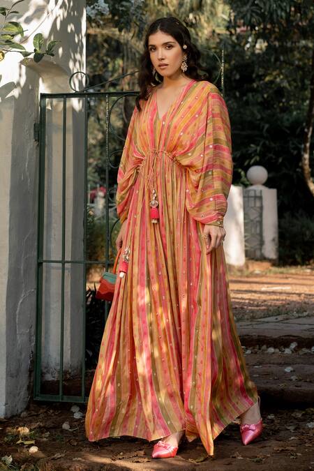 Shop_Paulmi And Harsh_Multi Color Crepe Embroidery V-neck Vintage Striped Pattern Kaftan _Online_at_Aza_Fashions