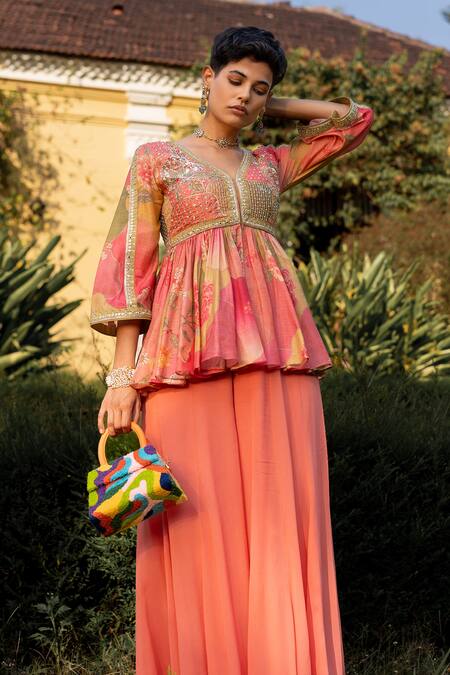 Paulmi And Harsh_Multi Color Cotton, Silk, Georgette Naksha Floral Print Peplum And Palazzo Set _Online_at_Aza_Fashions