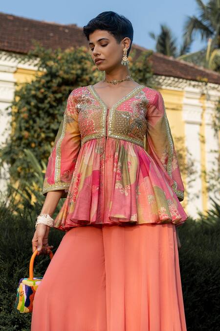 Buy_Paulmi And Harsh_Multi Color Cotton, Silk, Georgette Naksha Floral Print Peplum And Palazzo Set _Online_at_Aza_Fashions