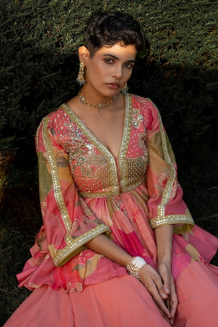 Shop_Paulmi And Harsh_Multi Color Cotton, Silk, Georgette Naksha Floral Print Peplum And Palazzo Set _Online_at_Aza_Fashions