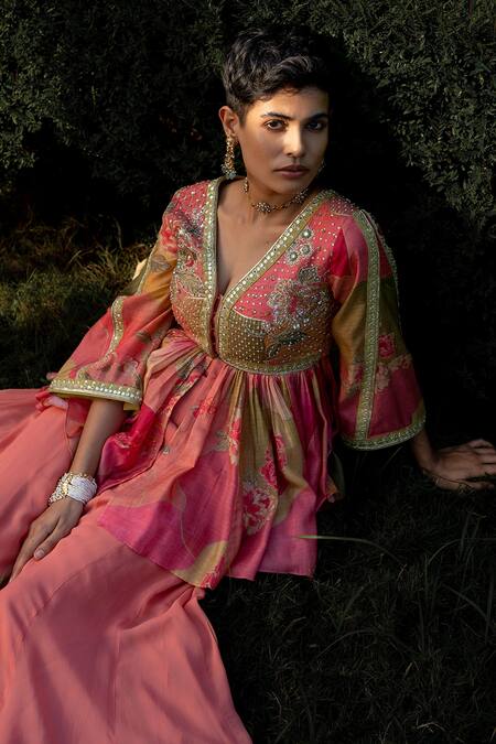 Paulmi And Harsh_Multi Color Cotton, Silk, Georgette Naksha Floral Print Peplum And Palazzo Set _at_Aza_Fashions