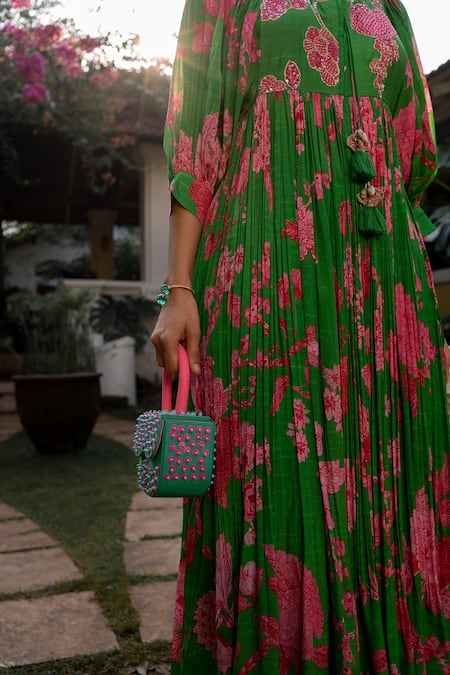 Paulmi and Harsh_Green Crepe Sequins, Mirrors Round Neck Spring Blooming Floral Pattern Dress _Online_at_Aza_Fashions