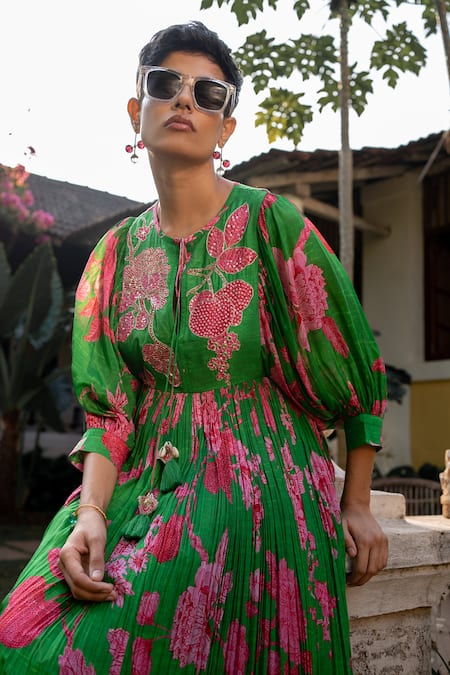 Shop_Paulmi and Harsh_Green Crepe Sequins, Mirrors Round Neck Spring Blooming Floral Pattern Dress _Online_at_Aza_Fashions