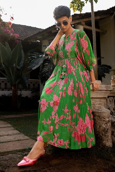 Paulmi and Harsh_Green Crepe Sequins, Mirrors Round Neck Spring Blooming Floral Pattern Dress _at_Aza_Fashions