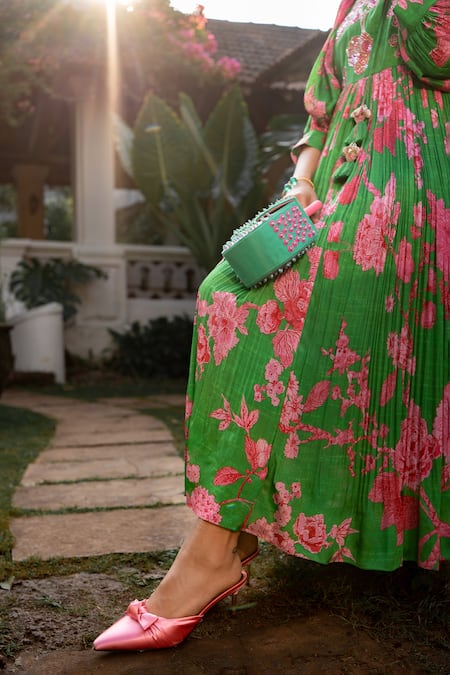 Buy_Paulmi and Harsh_Green Crepe Sequins, Mirrors Round Neck Spring Blooming Floral Pattern Dress 
