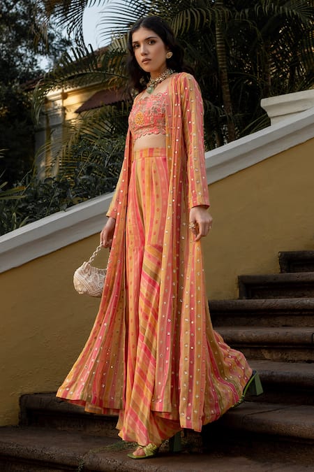 Paulmi And Harsh Multi Color Georgette Vintage Floral Striped Pattern Jacket Palazzo Set Online at Aza Fashions Paulmi And Harsh_Multi Color Georgette Vintage Floral Striped Pattern Jacket Palazzo Set _Online_at_Aza_Fashions