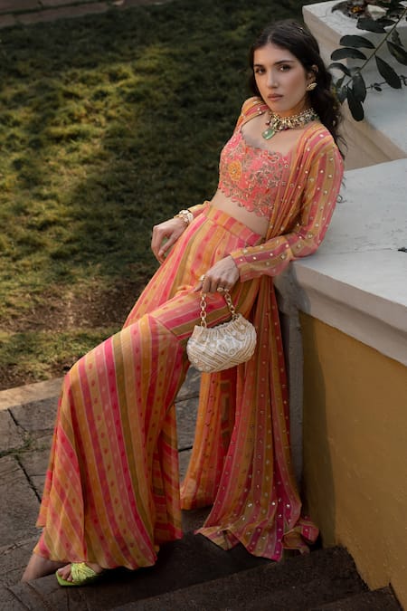 Buy Paulmi And Harsh Multi Color Georgette Vintage Floral Striped Pattern Jacket Palazzo Set Online at Aza Fashions Buy_Paulmi And Harsh_Multi Color Georgette Vintage Floral Striped Pattern Jacket Palazzo Set _Online_at_Aza_Fashions