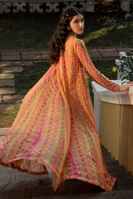 Shop Paulmi And Harsh Multi Color Georgette Vintage Floral Striped Pattern Jacket Palazzo Set Online at Aza Fashions Shop_Paulmi And Harsh_Multi Color Georgette Vintage Floral Striped Pattern Jacket Palazzo Set _Online_at_Aza_Fashions