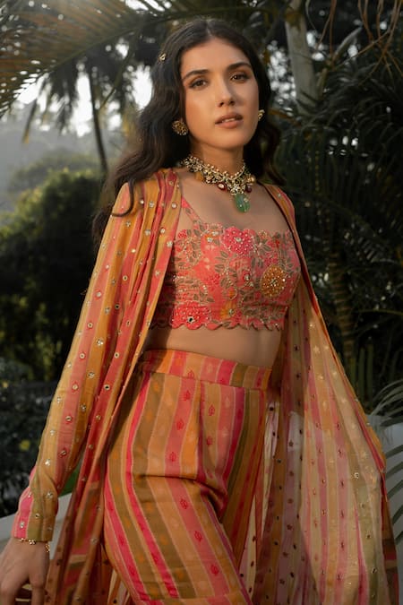 Paulmi And Harsh Multi Color Georgette Vintage Floral Striped Pattern Jacket Palazzo Set at Aza Fashions Paulmi And Harsh_Multi Color Georgette Vintage Floral Striped Pattern Jacket Palazzo Set _at_Aza_Fashions