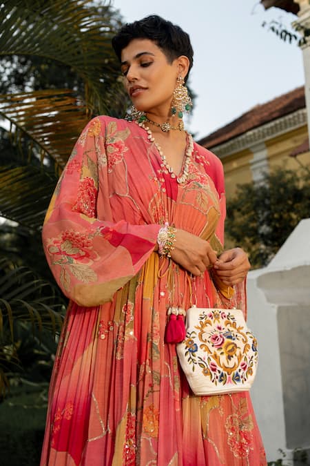 Shop_Paulmi And Harsh_Multi Color Georgette Sequins, Embroidery V-neck Hint Of Blush Printed Kaftan _Online_at_Aza_Fashions