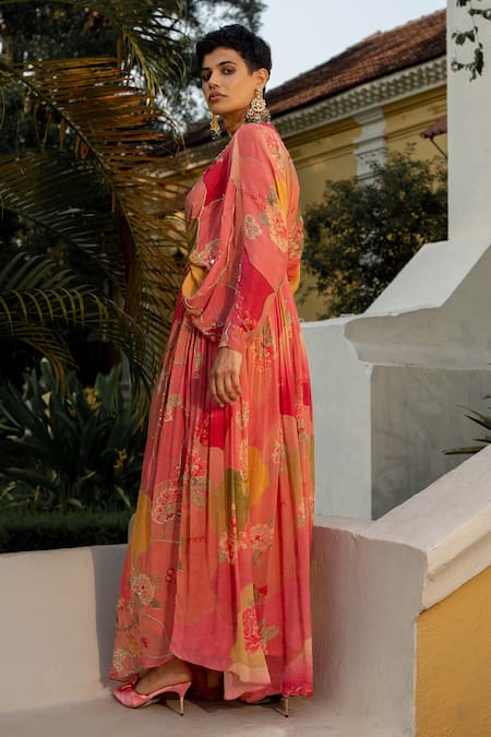 Paulmi And Harsh_Multi Color Georgette Sequins, Embroidery V-neck Hint Of Blush Printed Kaftan _at_Aza_Fashions