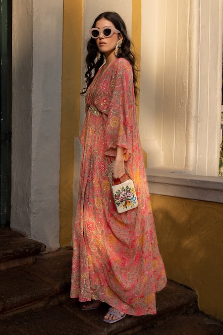 Buy_Paulmi And Harsh_Multi Color Georgette Sequins, Zari V-neck Cherry Blossom Pattern Kaftan _Online_at_Aza_Fashions