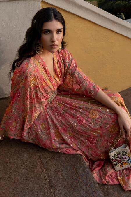 Shop_Paulmi And Harsh_Multi Color Georgette Sequins, Zari V-neck Cherry Blossom Pattern Kaftan _Online_at_Aza_Fashions