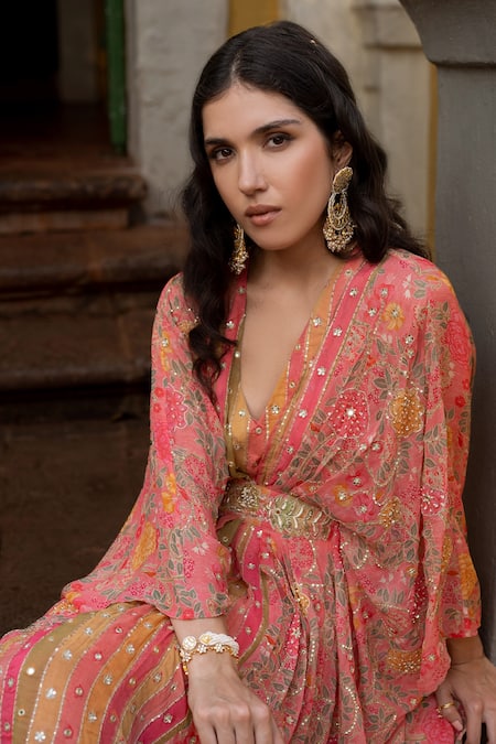 Paulmi And Harsh_Multi Color Georgette Sequins, Zari V-neck Cherry Blossom Pattern Kaftan _at_Aza_Fashions
