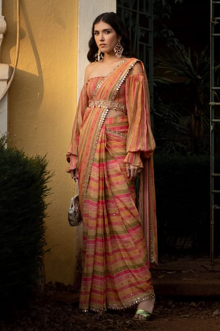 Shop_Paulmi And Harsh_Multi Color Georgette, Crepe Cut Work, Sequins, Striped Pre-draped Saree Set _Online_at_Aza_Fashions