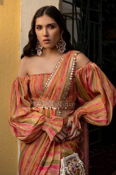 Paulmi And Harsh_Multi Color Georgette, Crepe Cut Work, Sequins, Striped Pre-draped Saree Set _at_Aza_Fashions
