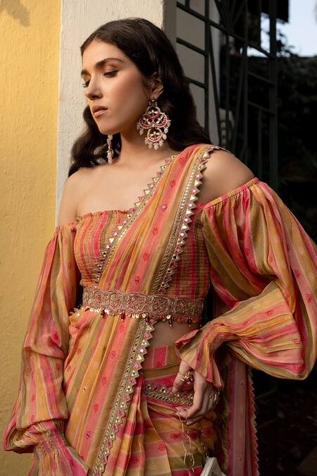Buy_Paulmi And Harsh_Multi Color Georgette, Crepe Cut Work, Sequins, Striped Pre-draped Saree Set 