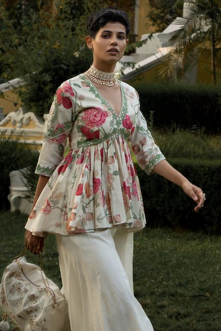 Buy_Paulmi And Harsh_Off White Cotton, Silk Sequins Leave Floral Petal Pattern Peplum And Palazzo Set _Online_at_Aza_Fashions