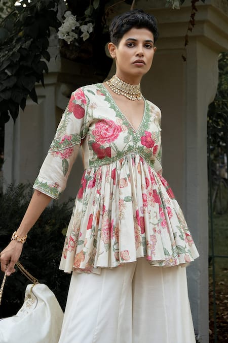 Shop_Paulmi And Harsh_Off White Cotton, Silk Sequins Leave Floral Petal Pattern Peplum And Palazzo Set _Online_at_Aza_Fashions