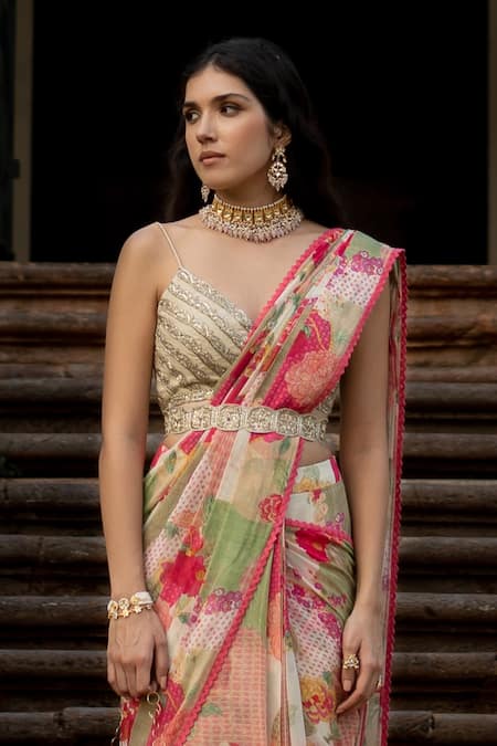 Paulmi And Harsh_Multi Color Georgette, Cotton Bloom With Grace Naksha Pre-draped Saree Set _Online_at_Aza_Fashions