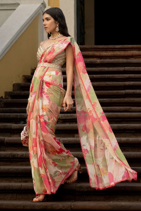 Buy_Paulmi And Harsh_Multi Color Georgette, Cotton Bloom With Grace Naksha Pre-draped Saree Set _Online_at_Aza_Fashions