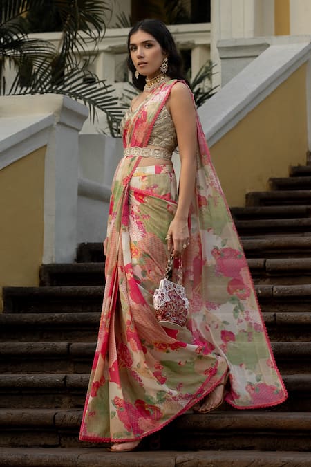 Shop_Paulmi And Harsh_Multi Color Georgette, Cotton Bloom With Grace Naksha Pre-draped Saree Set _Online_at_Aza_Fashions