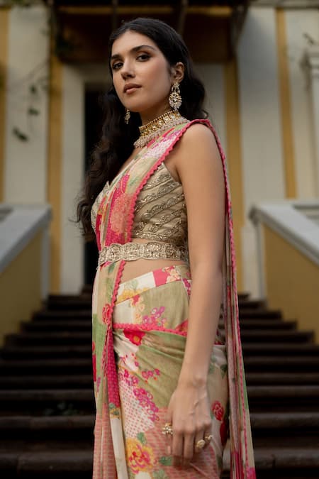 Paulmi And Harsh_Multi Color Georgette, Cotton Bloom With Grace Naksha Pre-draped Saree Set _at_Aza_Fashions