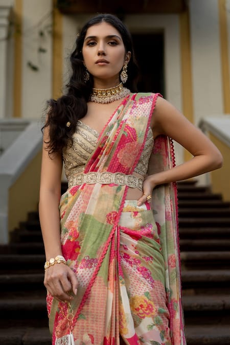 Buy_Paulmi And Harsh_Multi Color Georgette, Cotton Bloom With Grace Naksha Pre-draped Saree Set 