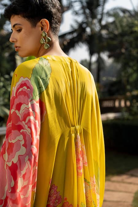 Shop_Paulmi And Harsh_Yellow V-neck Refreshing Floral Pattern Kaftan _Online_at_Aza_Fashions